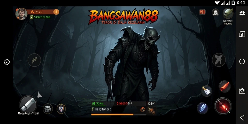 Screenshot gameplay BANGSAWAN88 menunjukkan suasana horor yang mencekam.