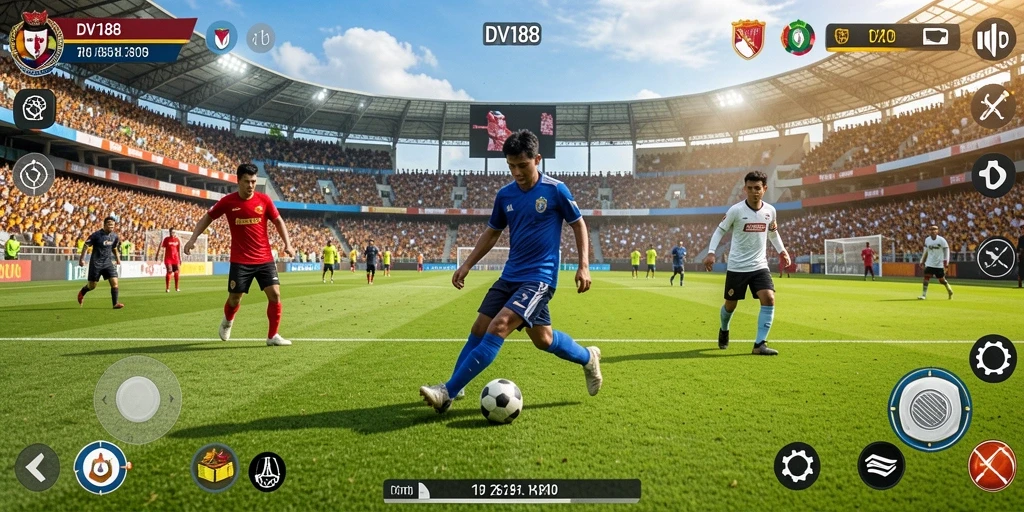Tangkapan layar gameplay dari DV188 yang menampilkan aksi sepak bola seru.