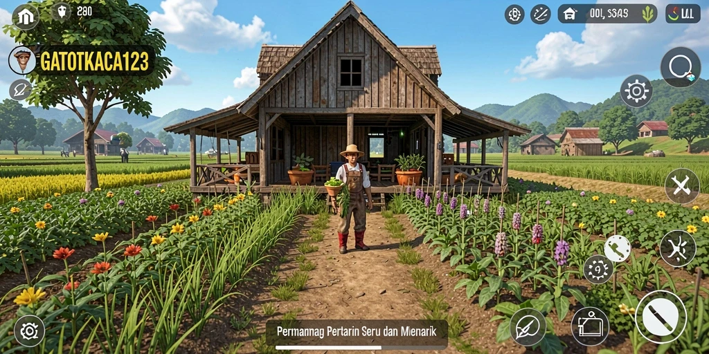 Screenshot permainan GATOTKACA123 menunjukkan kebun yang subur dan hewan ternak yang lucu.