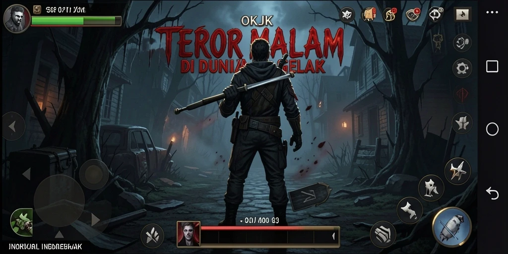 Screenshot gameplay OKJK yang menunjukkan suasana mencekam dan karakter menakutkan.
