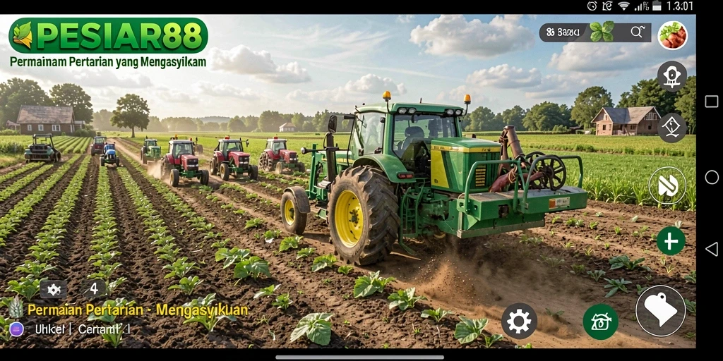 Tangkapan layar PESIAR88 menampilkan ladang yang indah dan interaksi pertanian.
