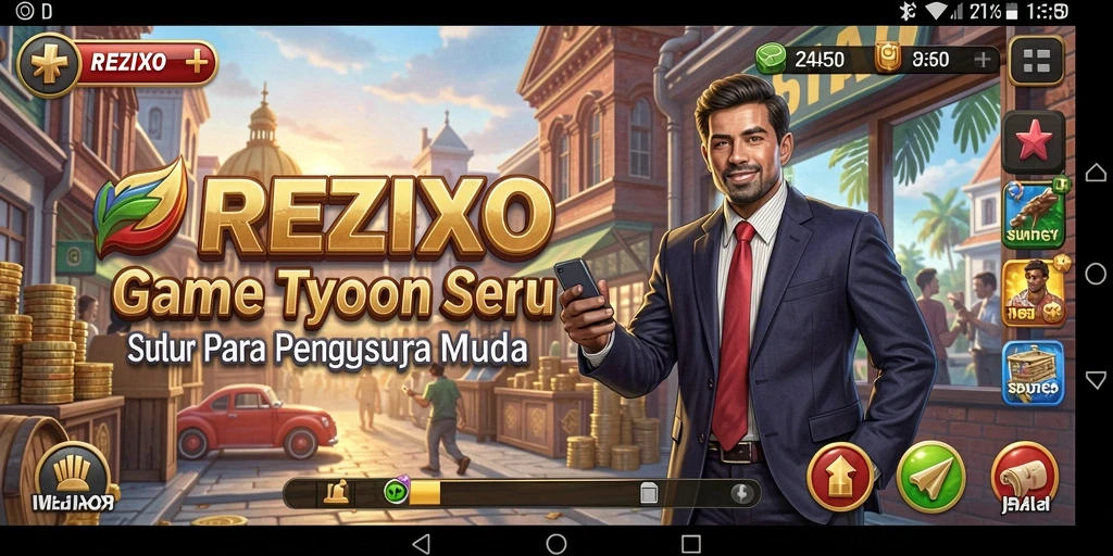 Tampilan gameplay <strong>REZIXO</strong> yang menampilkan pengelolaan bisnis yang seru.